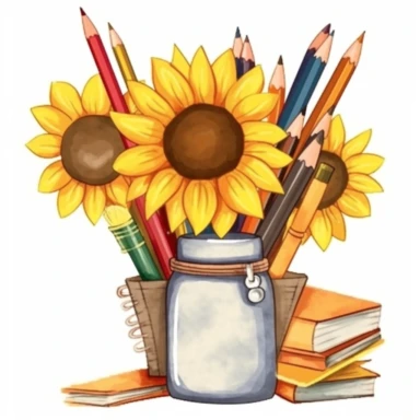 School supplies clipart, sunflowers, white background
