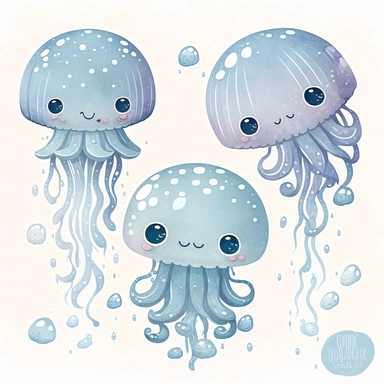 baby jelly fish clipart, in the style of muted and subtle tones, cartoon, close up, booru, wimmelbilder, hand-painted details, charming characters, thick texture, blue hues