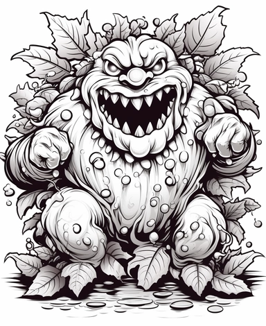 clean black and white coloring page of grape monster, metamof style crisp lines white backgrount no fill, only black marker, low detail vector, clipart,
