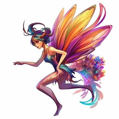 clipart, a beautiful lone fairy flying in the styles of Michal Lisowski and Cory Loftis, pink, blue, oragne and yellow, isolated on a white background, entire design should fit on the page