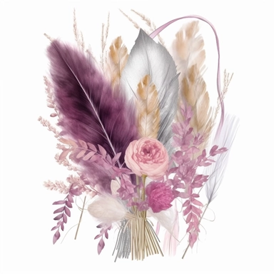 dried flower bouquet, lagura ovata, bunny tails, pampas, feathers, with a ribbon, in the style of dreamy watercolor scenes, transparent/translucent medium, light gray and magenta, antique subjects, rectangular fields, eye-catching tags, glossy finish, clipart, template, clip art, set of 10, white background, white space