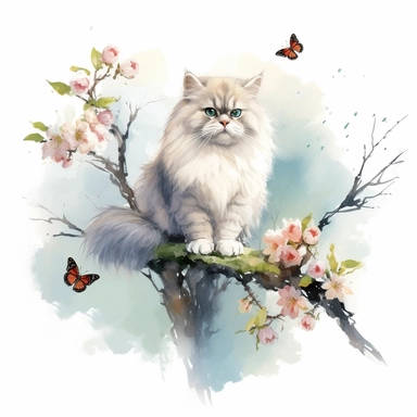 A persian cat sitting proudly on a spring branch, with a few butterflies flying, looking off into the camera, with a few spring leaves framing the scene, watercolor by Liu Yi, clipart, solid background, 8k