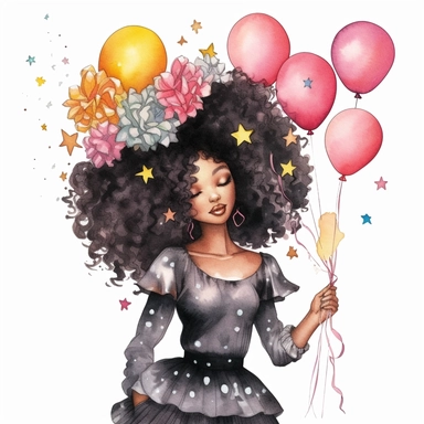 birthday black girl fantasy clipart, on white background, hd, watercolro art
