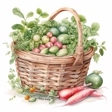 watercolor, hyper realistic, white background, white margins, 16k, ultra detailed clipart, cut out image, hand-drawn, whimsical manhwa style a basket filled with freshly harvested vegetables like radishes, peas, and beans. Soft pastel colors like mint green, pale yellow, and light pink