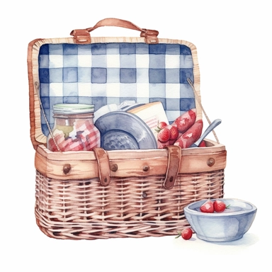 Picnic basket watercolor clipart, white background, neutral muted colors, high quality, hyperrealistic, detailed, vintage, USA, color palette red, blue and white