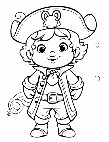 clipart cartoon friendly baby pirate in the style of Pierre-Auguste Renior black and white child's coloring book, black and white smooth thick lines, solid white background, no background