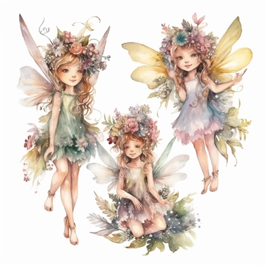 Magical fairies with delicate wings and flower crowns, watercolor clipart, isolated white background, high resolution, very detailed, 32k