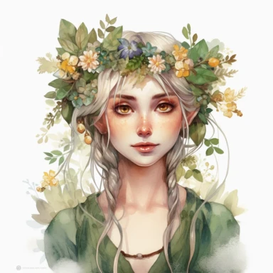 watercolour clipart of beautiful woodland elf, hair tucked behind pointy ears, detailed character illustrations, fantasy illustration, close - up, multilayered realism, goblincore, delicate flowers, forest greenery, enchanted, pretty, majestic, magical, detailed, face only, UHD, 8K, 3D, solid white background