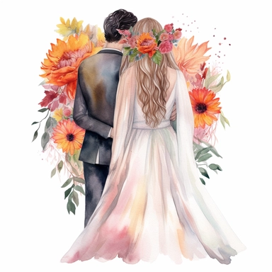 watercolor the middle of the couple New with arms around in the park back view Bridal veil with Dahlias flowers and leaves adorning her hair. hair up with flowers vividly bold designs png realistic cartoon in 32K UHD cute. 15 cm thick outline. Black color. There was no shadow on the ground. 8k with realistic watercolors. and detailed illustrations. PNG clipart, transparent white background
