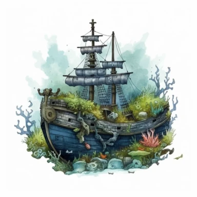 Horror style overrealistic mystical submerged pirate ship covered mosses and seashells bottom of the sea with watercolor effect, dark blue water, dark green mosses, deep water, sea plants, coral and mussel, , random fishes, undersea details, suitable for digital clipart, isolated, on a plain solid Neutral background, Warm and Cool Colors, clipart