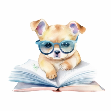 soft watercolor clipart, baby fat DOG with sunglasses, book, cute, only white background