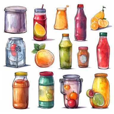 watercolor, Cold drinks set. Soda water, sweet fizzy beverages, fruit cocktails, juices, and lemonades in glass and plastic bottles, aluminum cans, and tins. png Full body realistic cartoon in 32K UHD cute. 15 cm thick outline. Black color. There was no shadow on the ground. 8k with realistic watercolors and detailed illustrations. PNG clipart, transparent white background