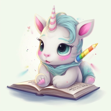 Baby cartoon Unicorn studying for school, highly detailed, anime, adorable, pastel,clipart