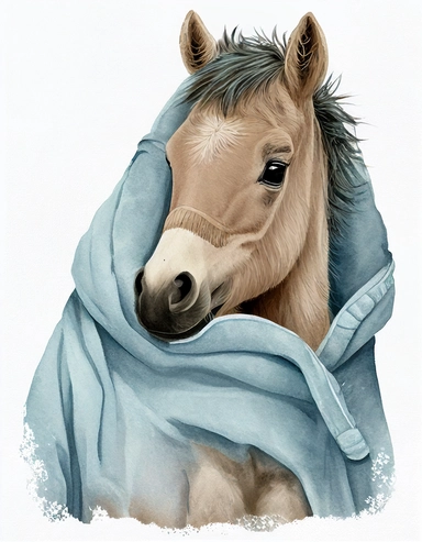 baby horse in a blanket, watercolor clipart, transparent background,