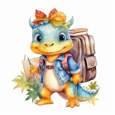 High resolution, cute baby dragon dinosaur with backpack to school, watercolor clipart, white background for removing background
