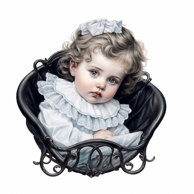 Victorian baby, Clipart, black outline, white background, colored pencil