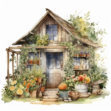 one garden house clipart digital arts on a white background, in the style of atmospheric watercolours, uhd image, vintage cut-and-paste, iconic, realistic, detailed rendering, en plein air technique, charming characters , no watermark, text, 300 DPI , typography, shapes do not stick together, no text in the picture, on a white background