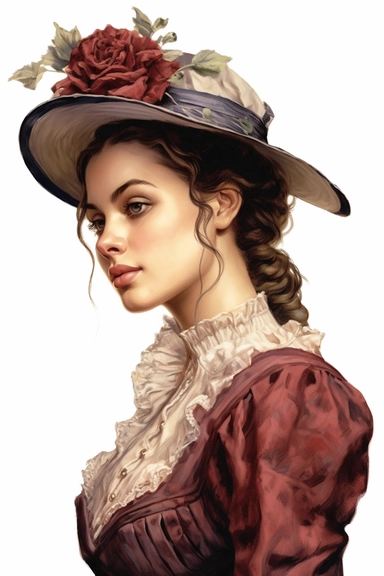 clipart Beauty victorian american, lady, looking left, victorian hairstyle, victorian hat, Victorian era clothing, beatiful smile, realistic portrait white background, high quality, hyper - realistic, Victorian Lady Clipart,