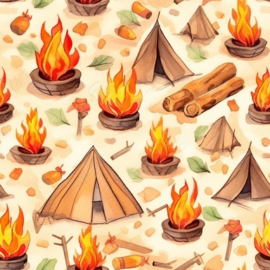Seamless pattern, Watercolor detailed clipart, camp fire
