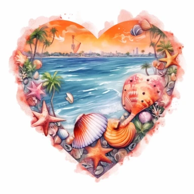Orange beach heart shape, illustration clipart, detailed, black outline, white background, digital art, watercolor