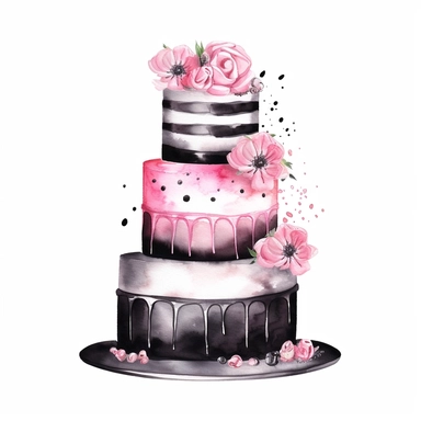 Watercolor pink and black birthday cake drawing, illustration clipart, high detailed, white background, digital art