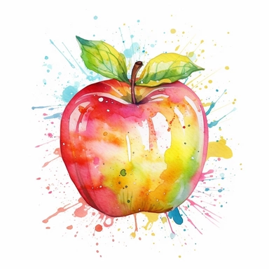 clipart on white background of an cut summer vibes apple with splashes drawn with watercolors, aquarell