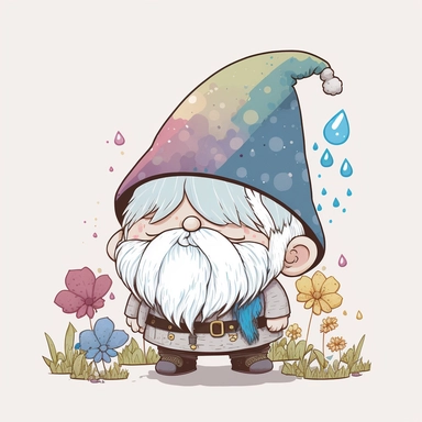 cute chibi happy gnome with big white beard, wearing spike hat, hat is covering the eyes, clipart, line art, in the style of Anni Betts + Christine Battuz, watercolor illustration style 8k, png
