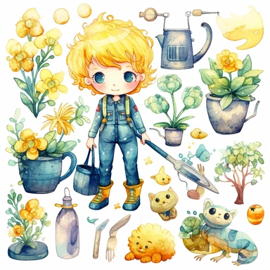 Collection of watercolour graphics elements including cute cartoon baby girl in jeans, with garden instruments, scissors, flowers in flower pots, garden gloves, puppy, white background, in the style of emily balivet, soft, blended colors, contrasting colors, kawaii manga, floral explosions ,white background clipart set single elements with margin