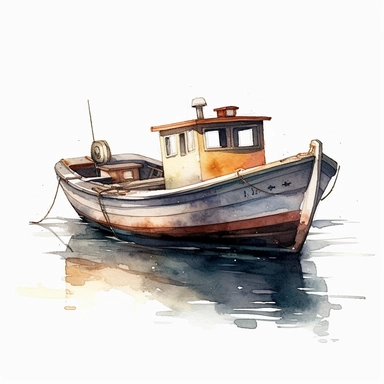 small fishing boat clipart, watercolor illustration, simple, clean, peaceful fishing, ultra-realistic, isolated on the white background, golden hour, translucent, very detailed, hd