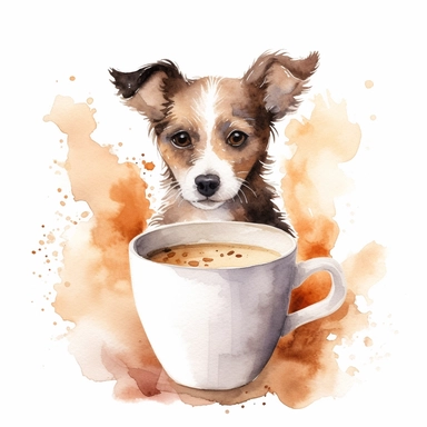 Dog next to a cappuccino cup with foam, white background, watercolor clipart