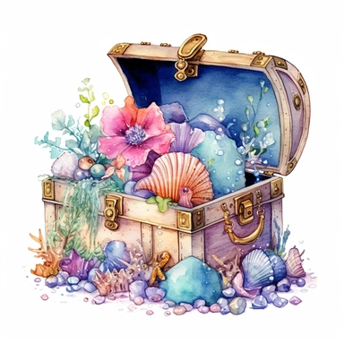 clipart, isolated on white background, Watercolor spring ornated treasure chest with jewelry on the beach, sea animals, detailed, flowers, ornated, pastel colors