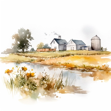 watercolor highly detailed and realistic rustic farm field, clipart, white background