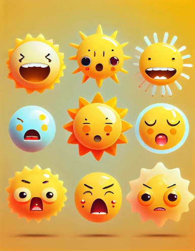 Vector sun emotion cartoon character set faces yellow suns solar funny childish abstract vector clipart-3d clean background vetor pastel color holographic