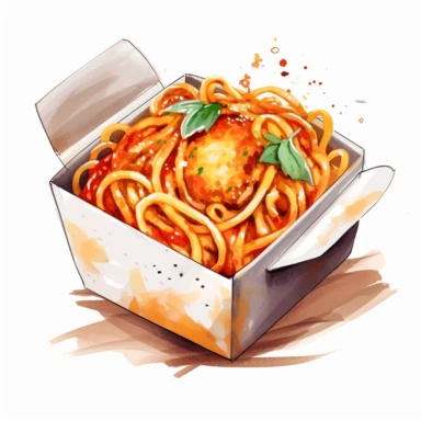 a single clipart image png graphic of a Realistic Vibrant Painting Watercolor Clipart Cute Lunch Spaghetti in box PNG Illustration