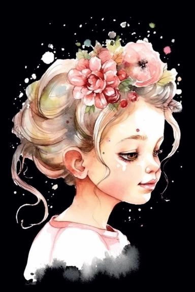 a cute cartoon pretty young Girl with a high white and pink ligth colored bun and roses sparkling around her profile, long curly hair with mini flowers in head, portrait, daydreaming expression in watercolor form, sarah kay and holly hobbies, clipart, watercolor, smiling, on a blackbackground, daydreaming expression in watercolor form