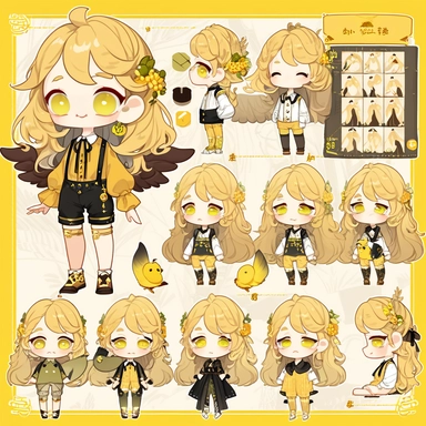 character sheet, knoling, clipart, inventory catalog, cute chibi character, golden wavy long hair, long bangs, yellow-green eyes, flat chest, beautiful young boy, gothic, frill, lace shirt, high West brown shorts, yellow bird, mimosa, yellow jewelry, ribbon