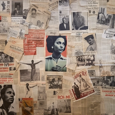 A background filled with various newspaper clippings. Within these clippings, use predominantly letters, but include a few analog photos representing people dancing, boxing, and cooking, in the context of the Cuban revolution.