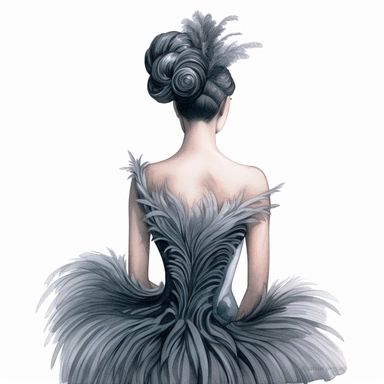 A sophisticated fashion girl, adorned in a unique Haute Couture creation featuring oversized ruffles and dramatic feather accents, stands with her back towards us, her face obscured, showcasing a sleek chignon hairstyle. Clipart, color pencil illustration.