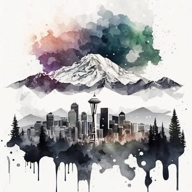 watercolor seattle downtown with snowy mountain background and dark clound cover clipart