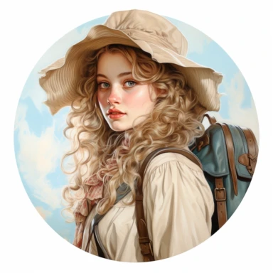 very beautiful girl with schoolbag, vintage, white background, round clipart with pastel color, detailed and lovely Renaissance painting