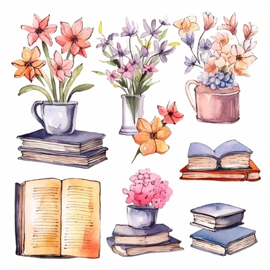 watercolor books and flowers, illustrations clipart set, simple, cartoon elements, different variants, separate elements with a margin