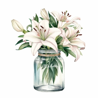 a bouquet of casablanca lilies in a glass jar, detailed realistic watercolor illustration, white background clipart