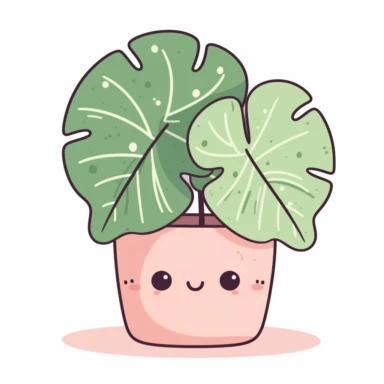 cute clipart icon of green alocasia polly plant in a pot, large, cordate or sagittate leaves on long petioles smiling face inside the leaf, kawaii, anime style, in white background, soft color blending, rounded, in a pink pot