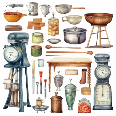 watercolor vintage, equiptment bake bekery set,Commercial Oven,Mixer,Dough Sheeter,Baking Sheets and Pans,Bread Slicer,Scales and Measuring Tools,ingredient,colorful, rice paper, clip art, 2b