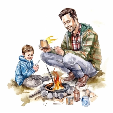 A father and son camping, sitting around a campfire and roasting marshmallows, Watercolor, Clipart, detailed, high resolution, transparent background PNG
