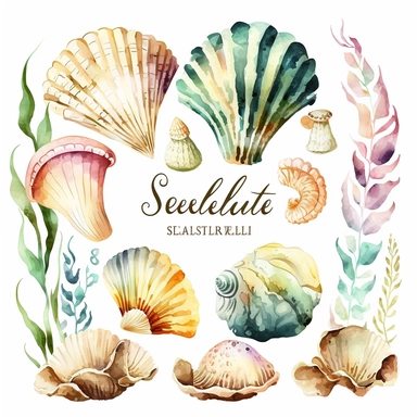 This Seashell Clipart Collection features a stunning array of watercolor images of seashells, perfect for creating stunning beach-themed designs. The collection includes a variety of seashell types, such as conch shells, sand dollars, scallop shells, clam shells, and many others. Vector, on a white background