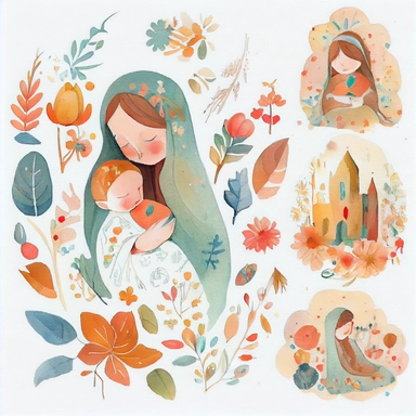 in the style of Kailey Whitma, xuan loc xuan, lucy grossmith, atey ghailan, Jon Klassen, greg tocchini, watercolor hand painted collection autumn patterns of THE VIRGIN MARY AND BABY JESUS on white paper, vector, clipart, elaborate, cute, limpid, well com