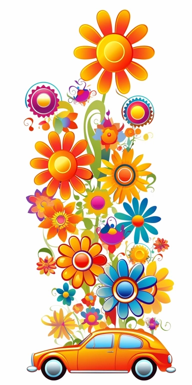 Groovy hippie 60s garden, Funny cartoon flower power clipart white background