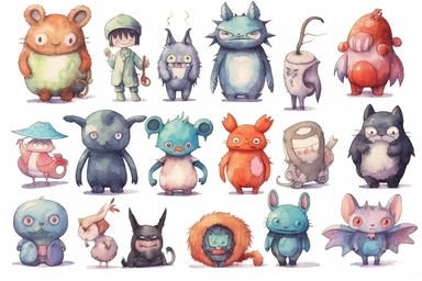 character sheet clipart on white background horror cute cartoon style,,,,,watercolor illustration by Hayao Miyazaki and Ghibli,