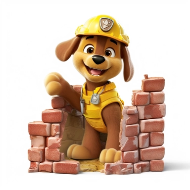 clipart, cartoon brown dog in construction clothes with yellow helmet, in one hand holding a brick, standing next to wall and bricking the wall, in the style of imax, playful and lighthearted compositions, childlike innocence and charm, uhd image, realistic and hyper-detailed renderings, movie still, utilizes, white background
